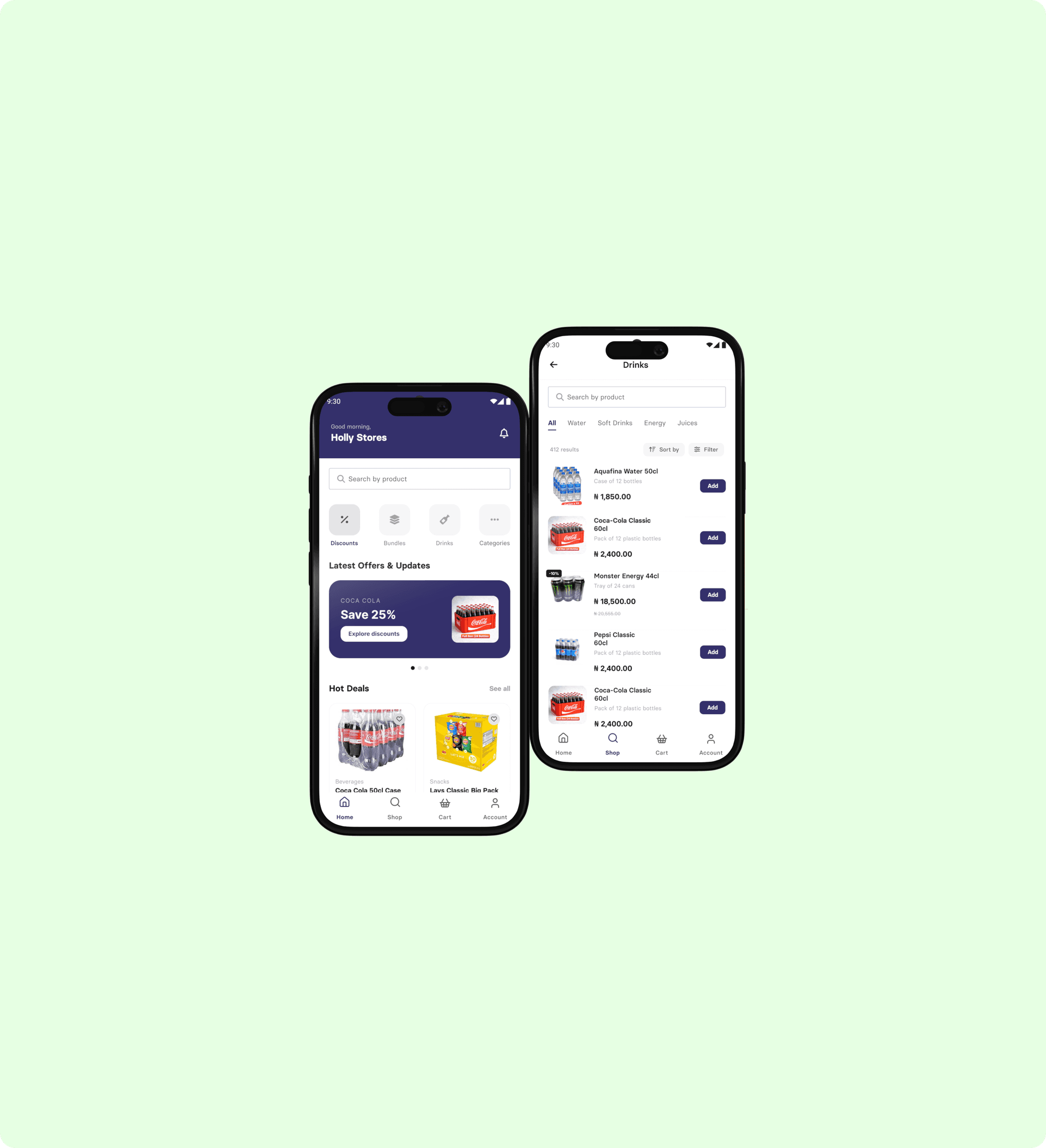 ODA merchant app home and product list screens on two phones