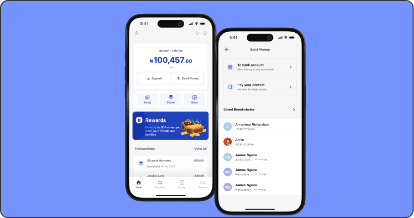 Xend Finance app home and send money screens on two phones