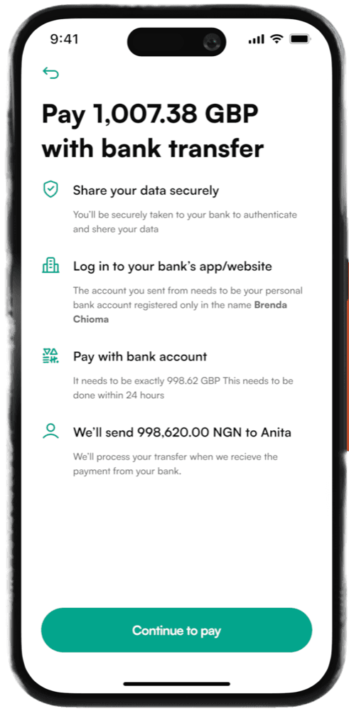 Pay with bank transfer screen listing the steps and a Continue to pay button