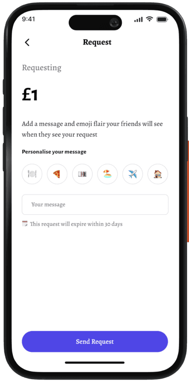 Money request screen with an amount, message and Send Request button