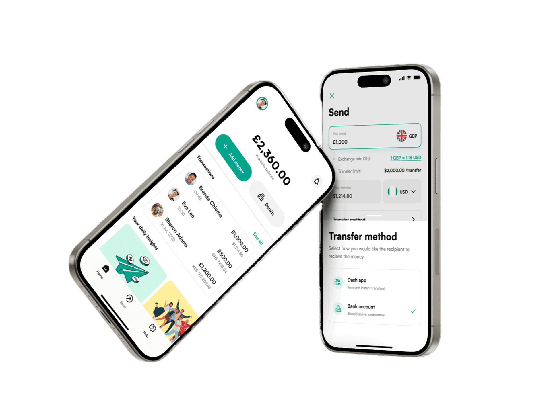 Dash remittance app on two phones showing balance, transactions, and send flow