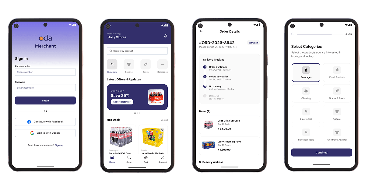 ODA Merchant app screens showing sign in, home, order tracking, and category selection