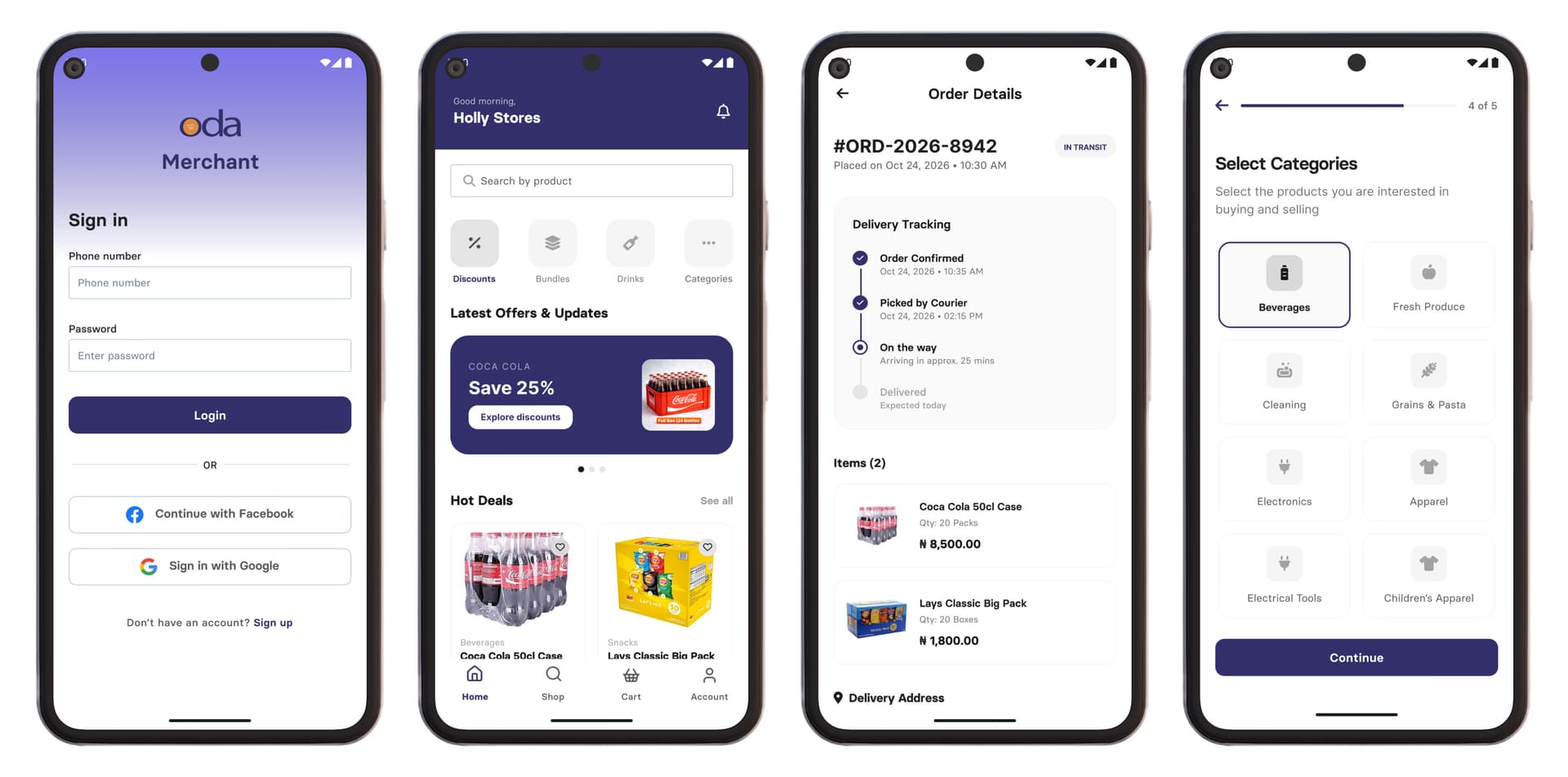 ODA Merchant app screens showing sign in, home, order tracking, and category selection