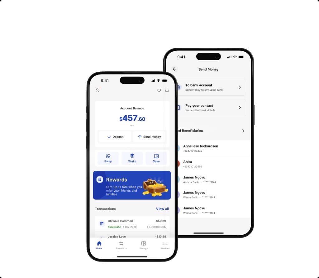 Xend Finance app on two phones showing account balance and send money flow
