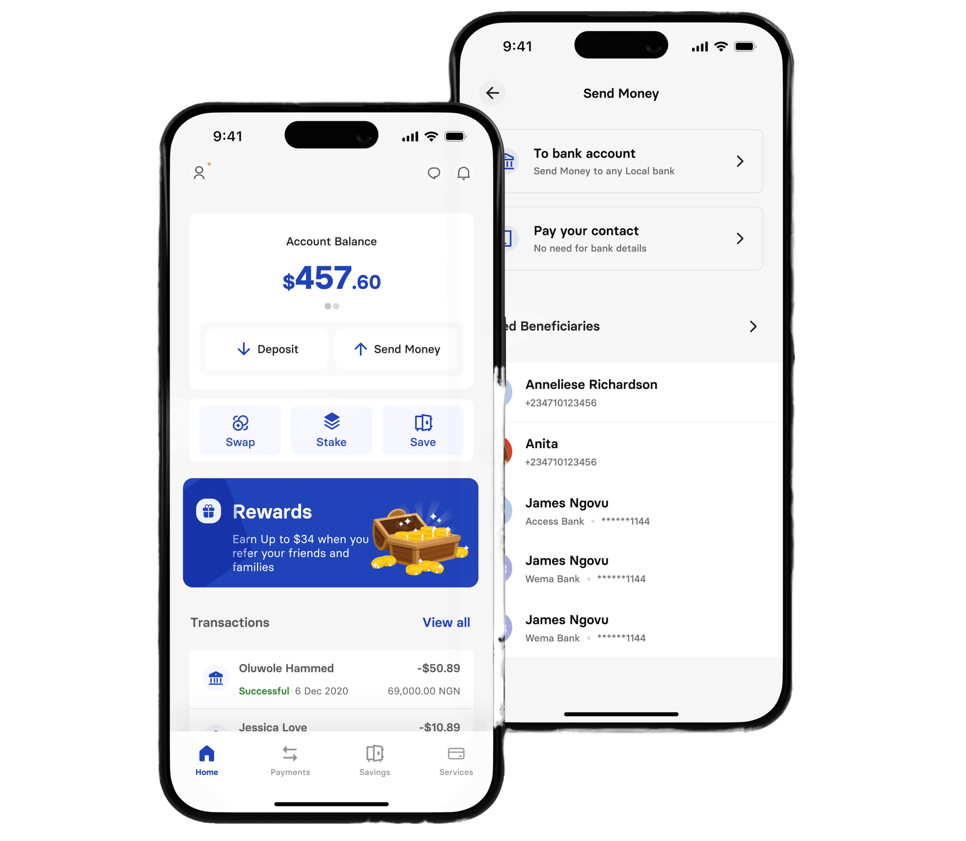 Xend Finance app on two phones showing account balance and send money flow