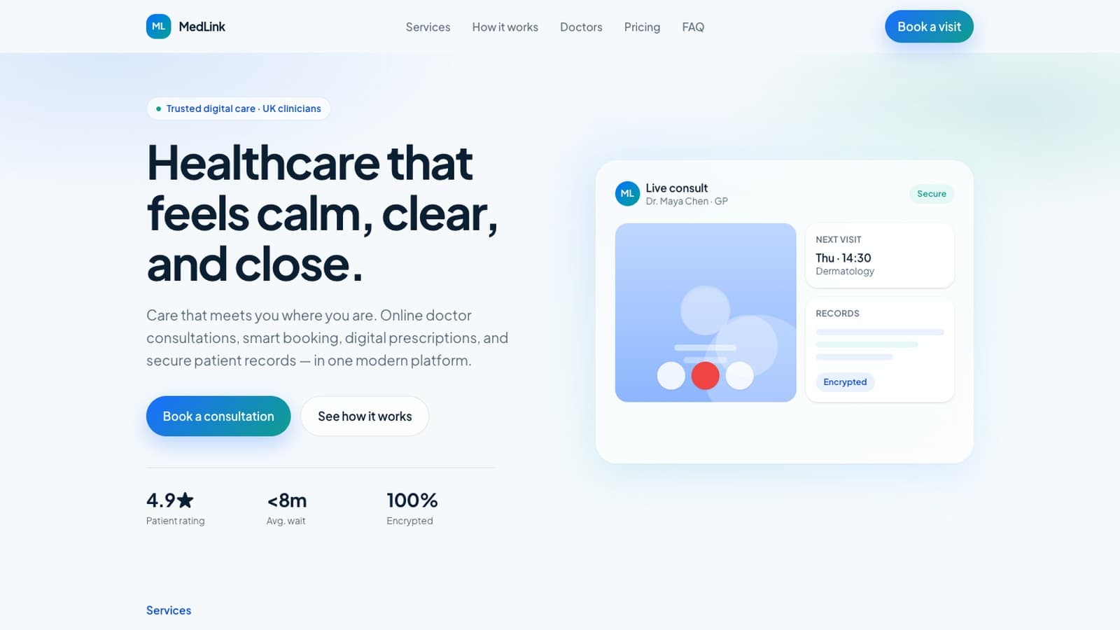 MedLink healthcare platform hero with consultation booking UI