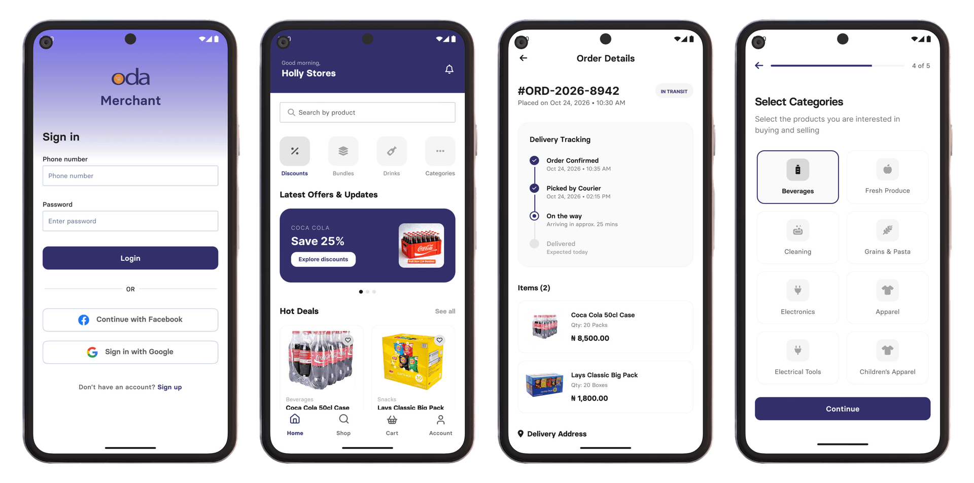 ODA Merchant app screens showing sign in, home, order tracking, and category selection
