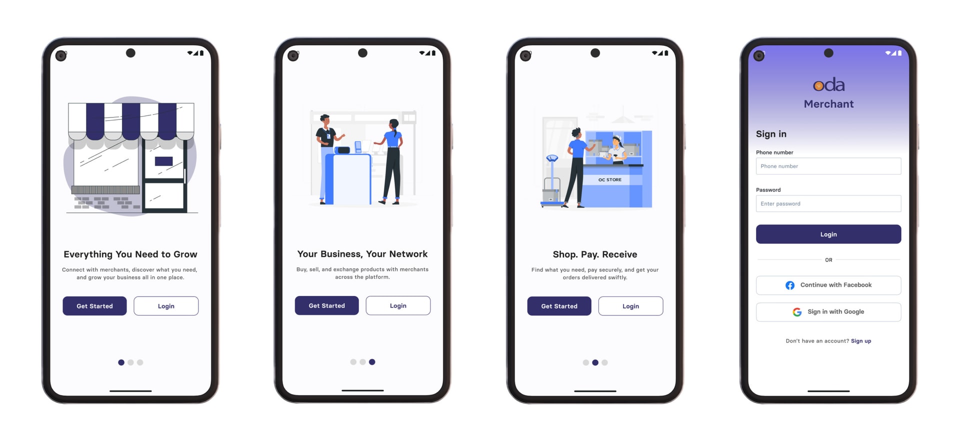 ODA Merchant app screens for browsing products, managing orders, and checkout
