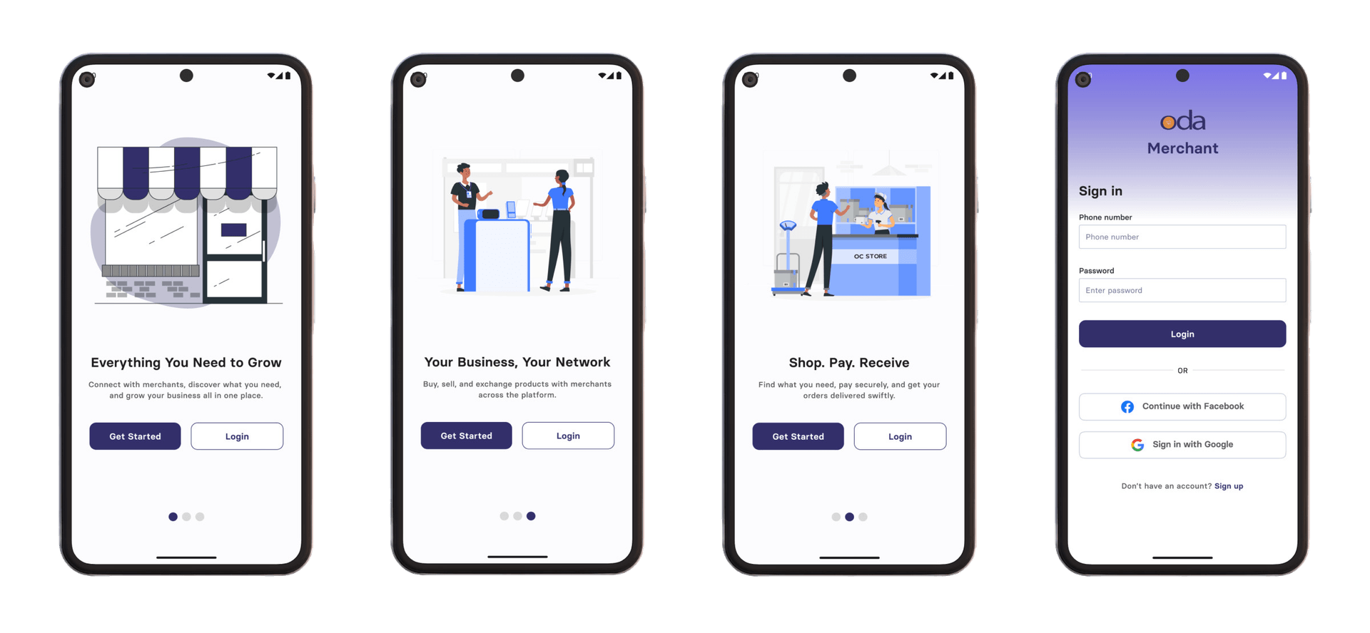 ODA Merchant app screens for browsing products, managing orders, and checkout