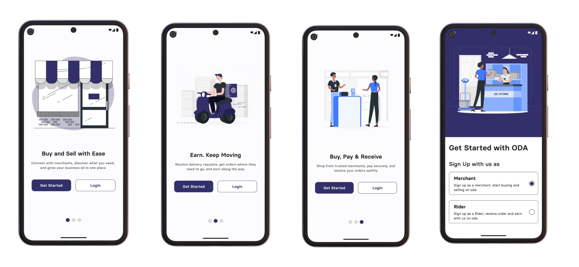 ODA onboarding screens for merchants and riders, including role selection