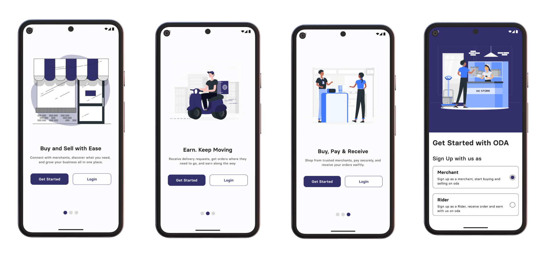 ODA onboarding screens for merchants and riders, including role selection