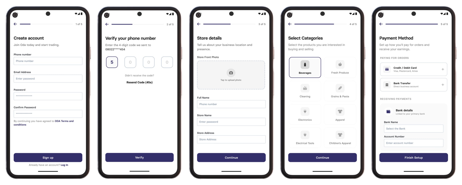 Merchant onboarding flow with signup, store details, category selection, and payment