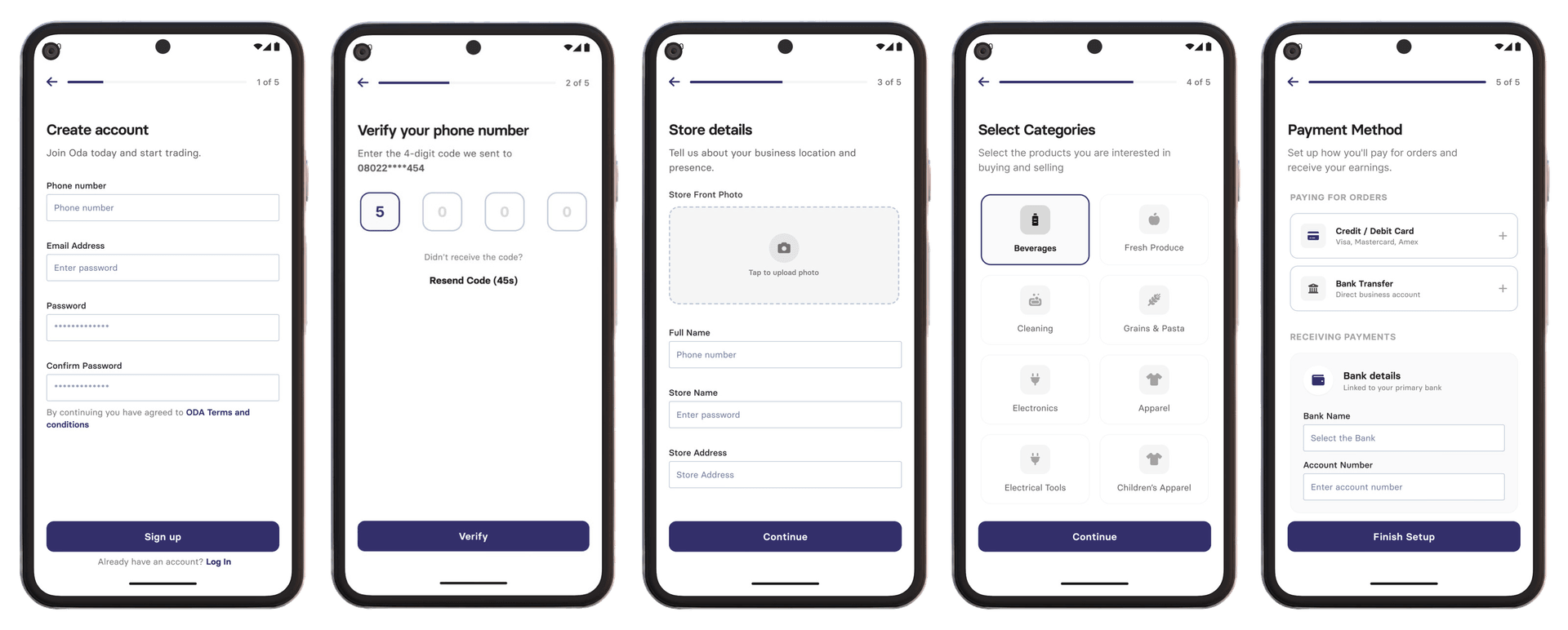 Merchant onboarding flow with signup, store details, category selection, and payment