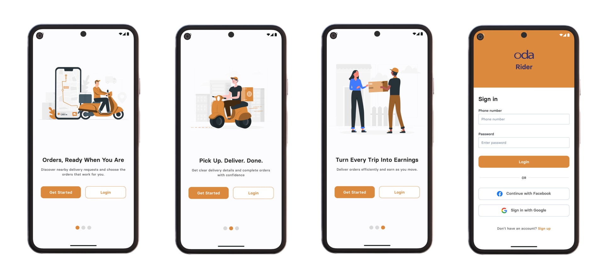 ODA Rider app screens for accepting deliveries, viewing order quantities, and pickup confirmation