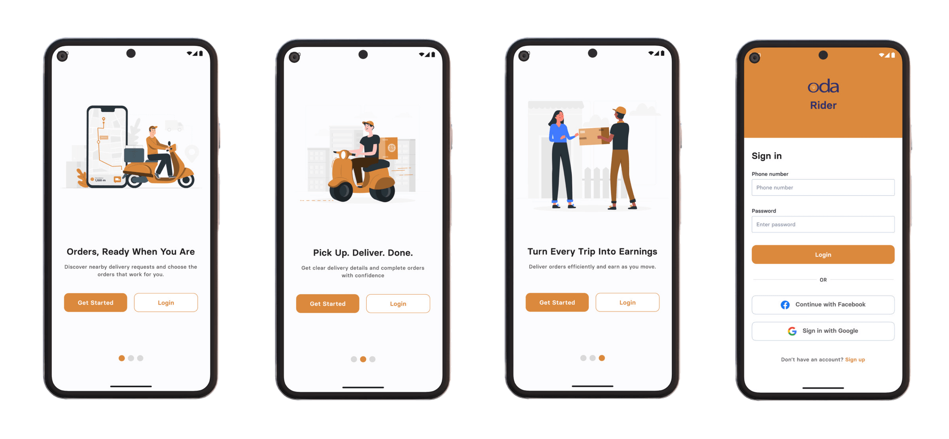 ODA Rider app screens for accepting deliveries, viewing order quantities, and pickup confirmation